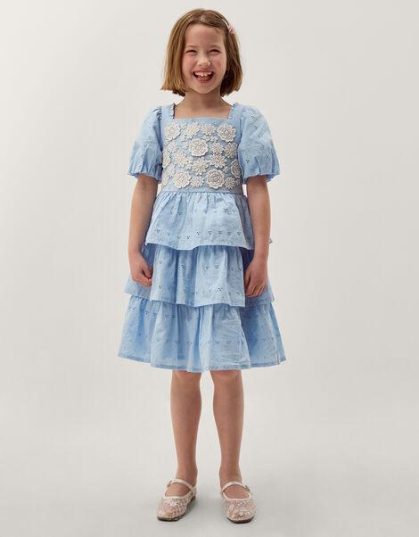 Floral Broderie Puff Sleeve Tiered Dress, Blue (BLUE), large