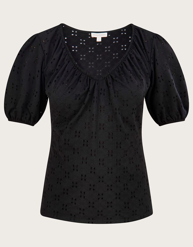Broderie Jersey Gathered Top, Black (BLACK), large