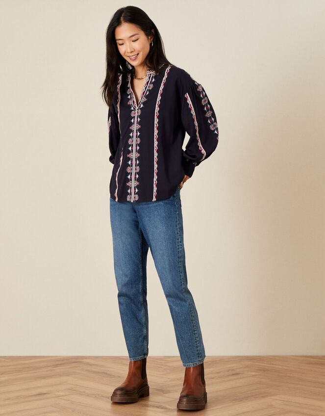 Stripe Embroidered Blouse in LENZING™ ECOVERO™, Blue (NAVY), large