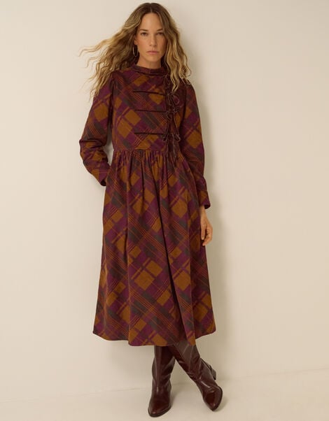 Melinda Check Print Corduroy Midi Dress, Brown (BROWN), large