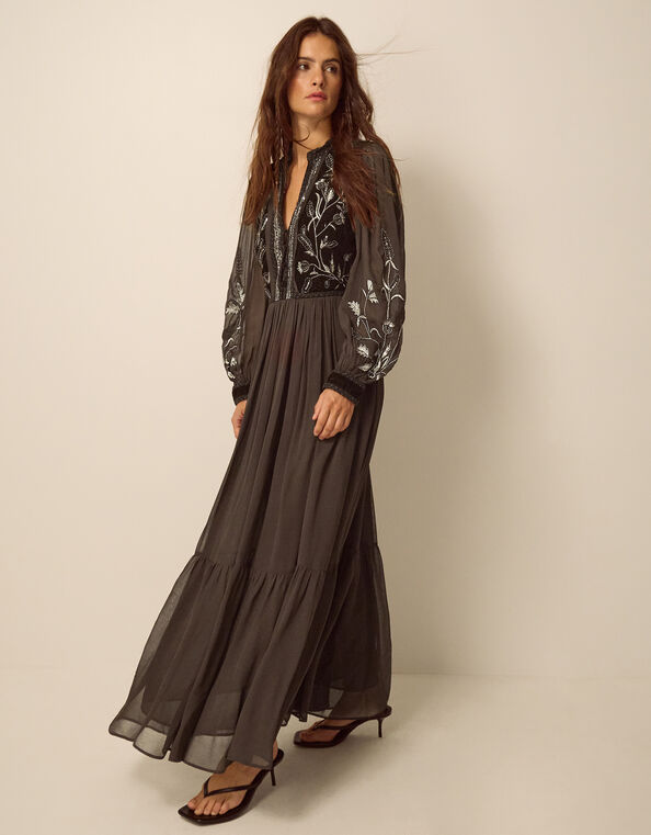 Josephine Long Sleeve Floral Embellished Maxi Dress, Brown (CHOCOLATE), large