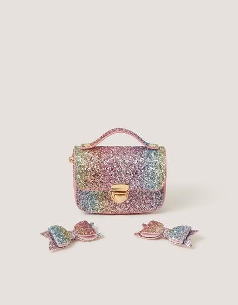 Rainbow Glitter Satchel Bag & Hair Clips Set, , large