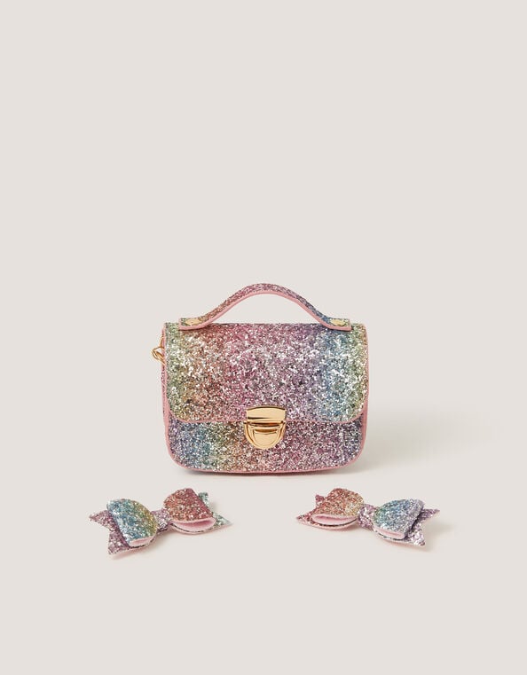 Rainbow Glitter Satchel Bag & Hair Clips Set, , large