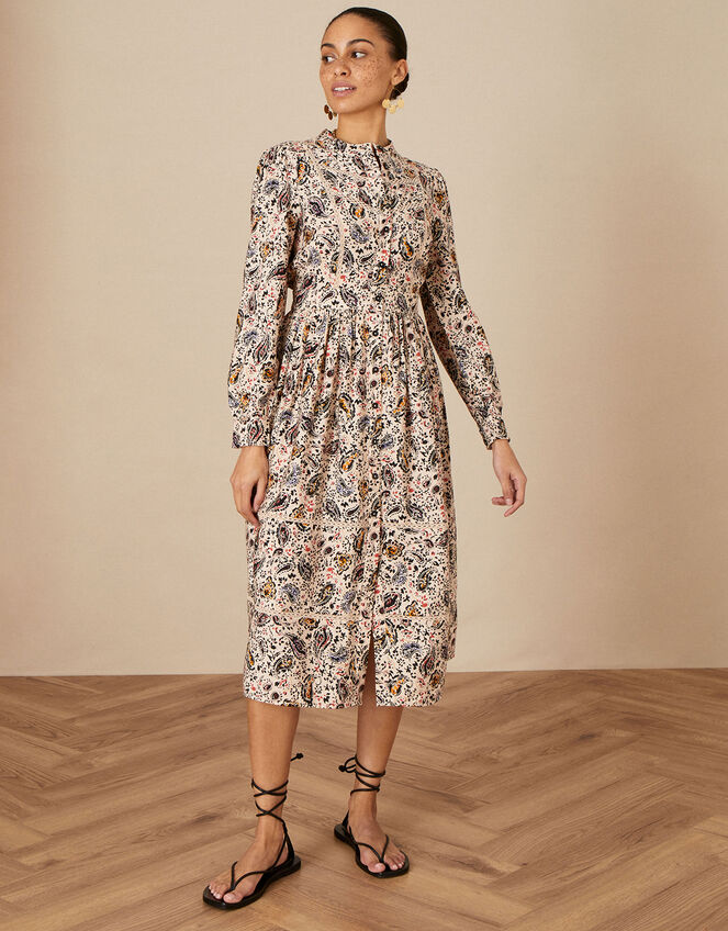 Paisley Print Lace Trim Dress, Ivory (IVORY), large