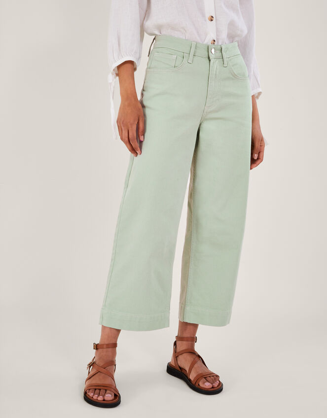 Wide Leg Crop Denim Pants, Green (SAGE), large