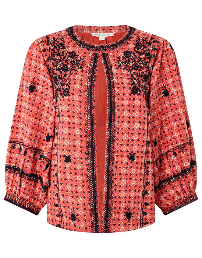 Lilla Embroidered Jacket in Organic Cotton, Orange (CORAL), large