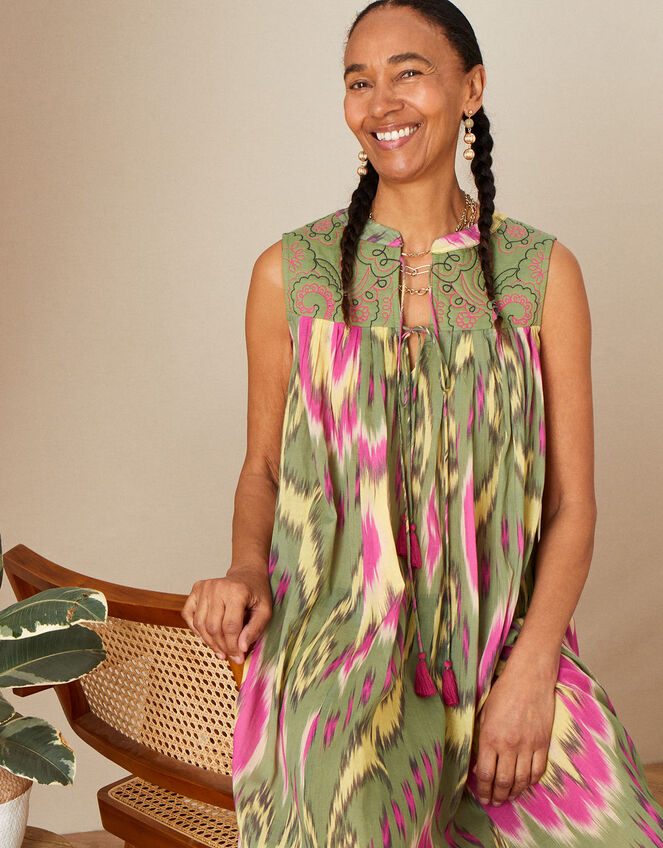 Premium Diamond Ikat Print Smock Dress, Green (GREEN), large
