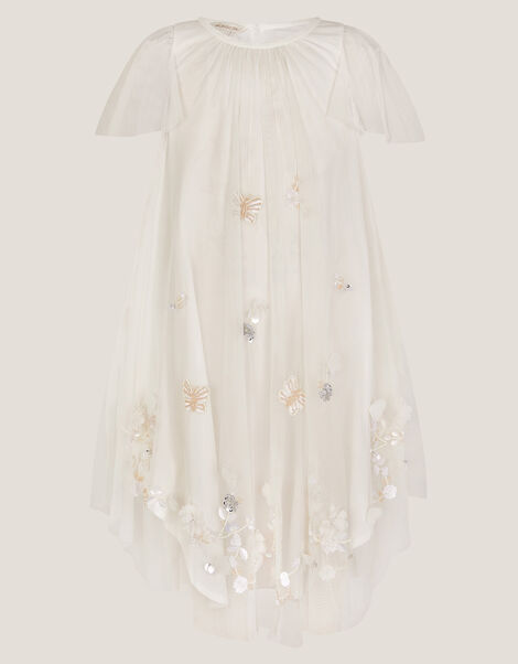 Butterfly Embellished Short Sleeve Swing Dress, Ivory (IVORY), large