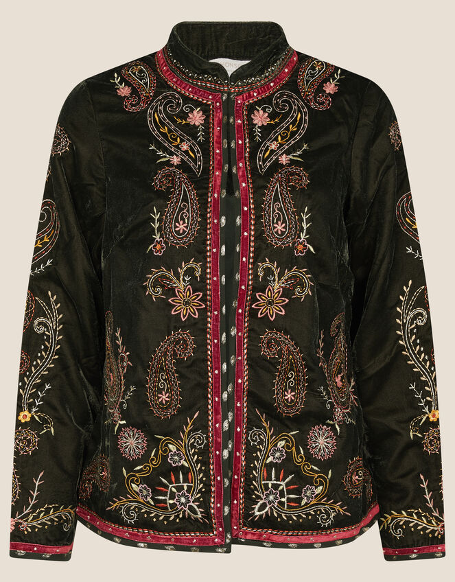 Velvet Embroidered Paisley Jacket, Green (GREEN), large