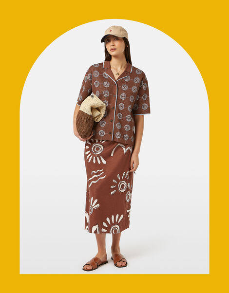 Abstract Print Midi Wrap Skirt, Brown (BROWN), large