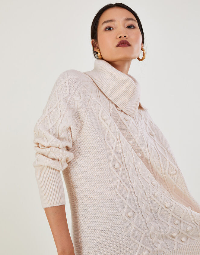 Cable Split Neck Bobble Jumper with Recycled Polyester, Ivory (IVORY), large