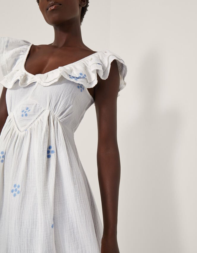 Daisy Frill Embroidered Midi Dress, White (WHITE), large
