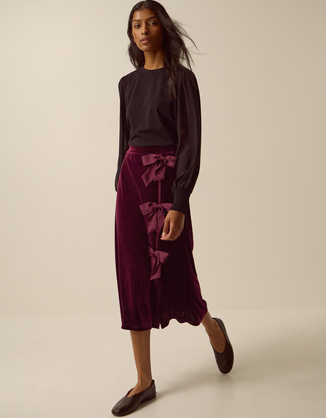 Buffy Bow Velvet Midi Skirt, Red (BURGUNDY), large