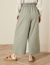 Embroidered Belt Wide Leg Trousers, Green (KHAKI), large