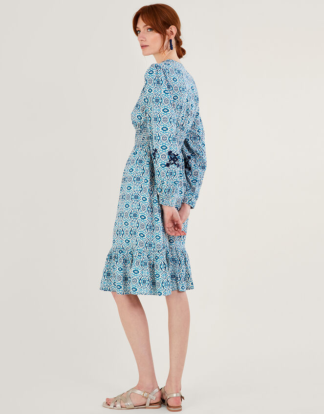 Faye Geometric Print Embroidered Dress in LENZING™ ECOVERO™, Blue (BLUE), large