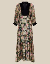 Monsoon x Queens of Archive Patti Velvet Bib Metallic Floral Jacquard Maxi Dress​, Black (BLACK), large