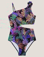Tropical Print Asymmetrical Cut-Out Swimsuit, Black (BLACK), large