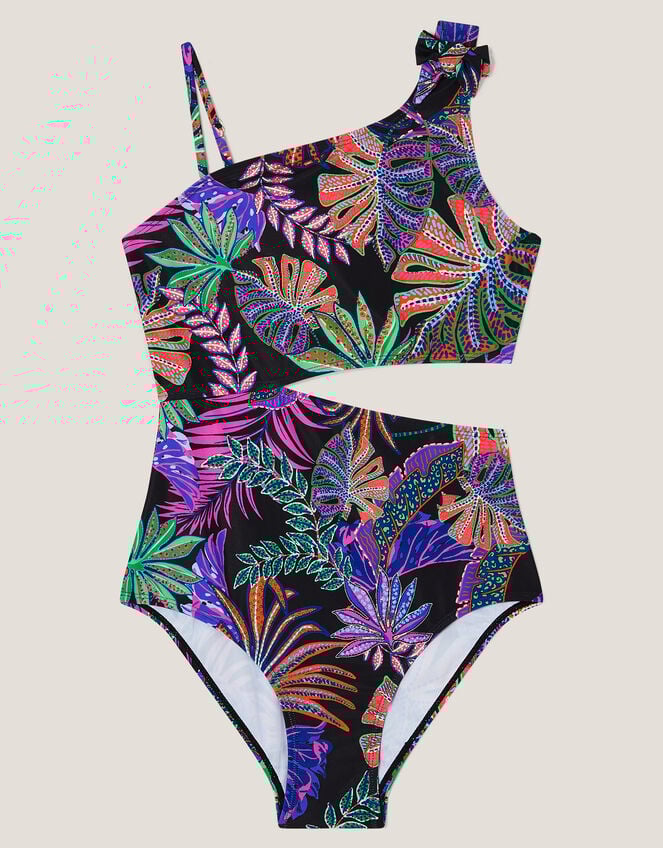 Tropical Print Asymmetrical Cut-Out Swimsuit, Black (BLACK), large