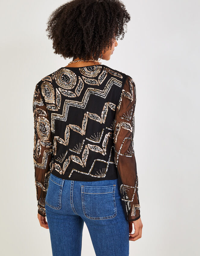 Finnley Sheer Sleeve Embellished Jacket, Black (BLACK), large