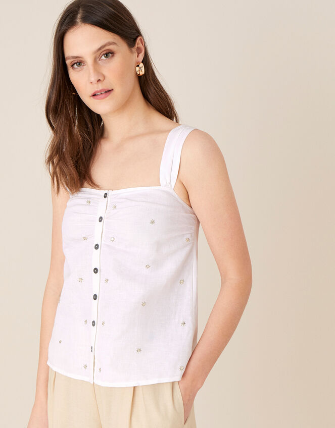 Embellished Cami in Linen Blend, White (WHITE), large