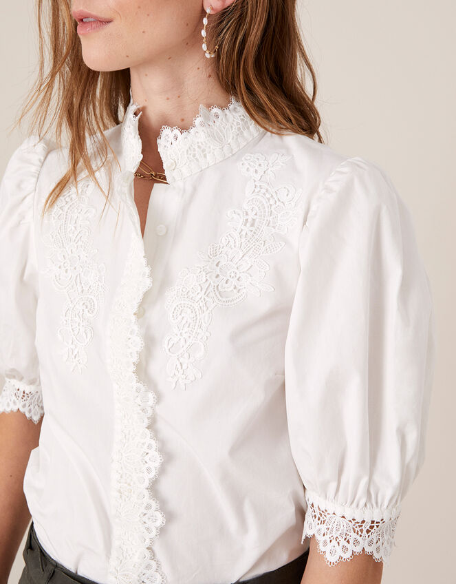 Victoriana Lace Trim Poplin Shirt, White (WHITE), large