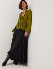 Ellie Frill Neck Wrap Blouse, Green (KHAKI), large