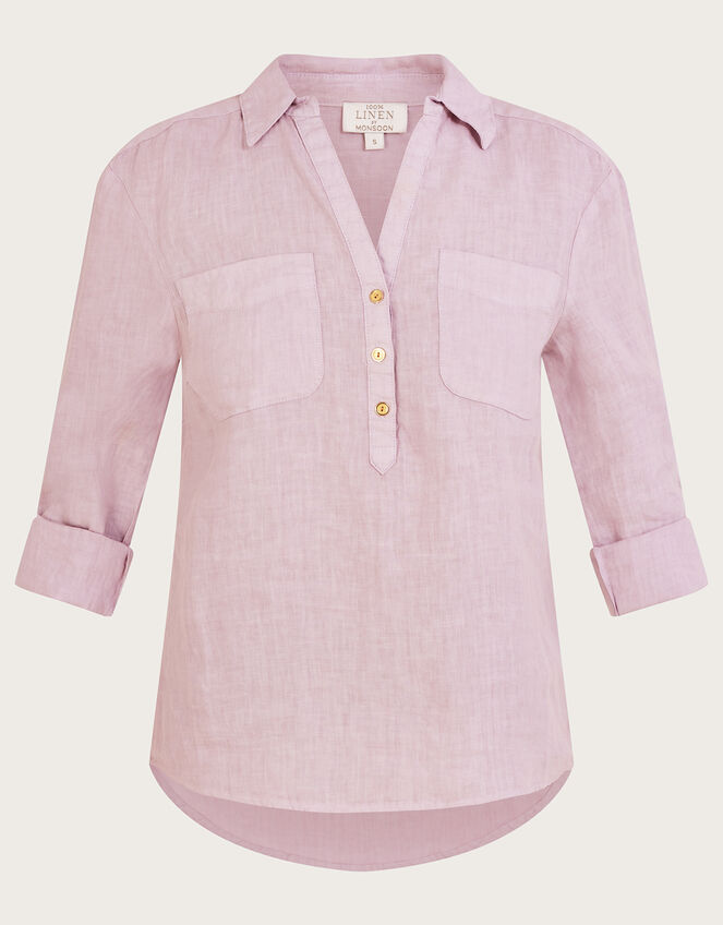 Pocket Detail Collared Linen Shirt , Purple (LILAC), large
