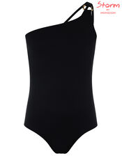 Rhia Ring Detail One-Shoulder Swimsuit, Black (BLACK), large