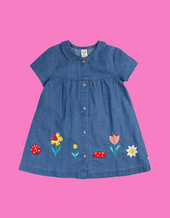Frugi Rosemary Embroidered Denim Dress, Blue (BLUE), large