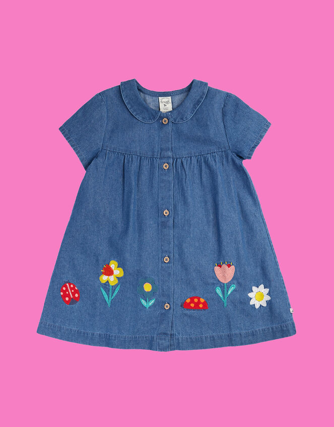 Frugi Rosemary Embroidered Denim Dress, Blue (BLUE), large
