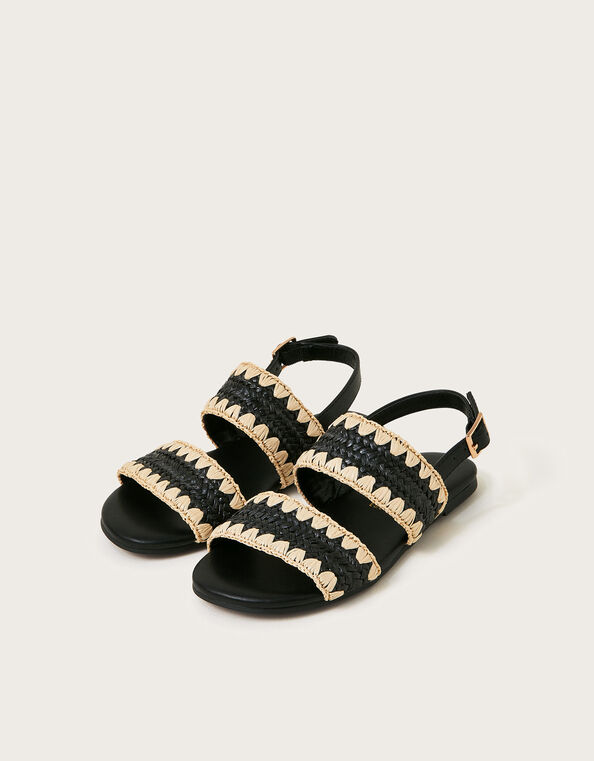 Woven Whipstitch Strappy Sandals, Black (BLACK), large