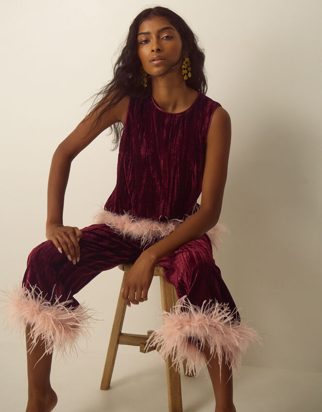 Emma Feather Cropped Crushed Velvet Trousers, Red (BURGUNDY), large