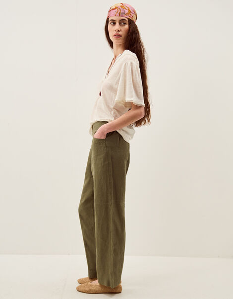 Lucy Regular Straight Leg Linen Trousers, Green (KHAKI), large