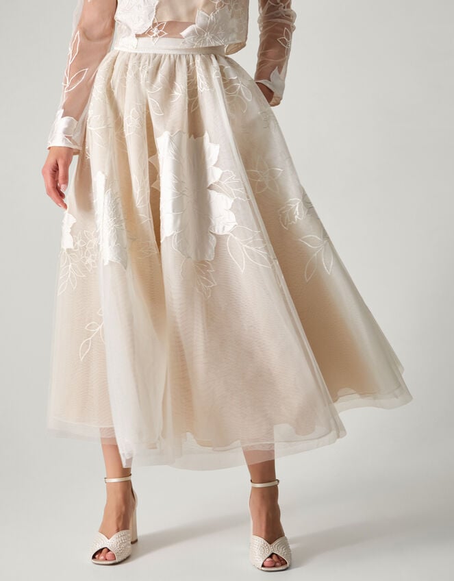 Rhea Floral Embroidered Mesh Wedding Skirt, Ivory (IVORY), large