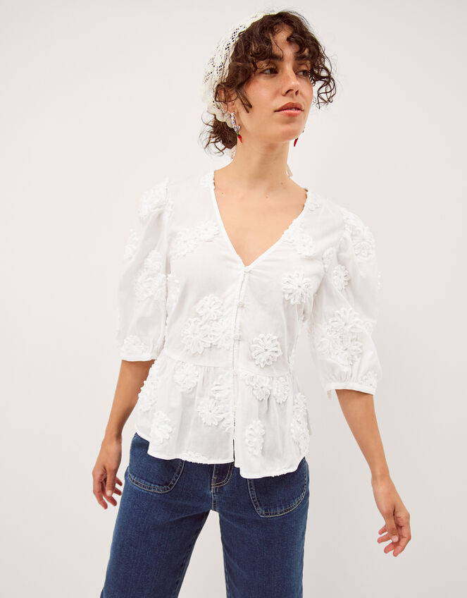 Tammy Puff Sleeve Embroidered Top, White (WHITE), large