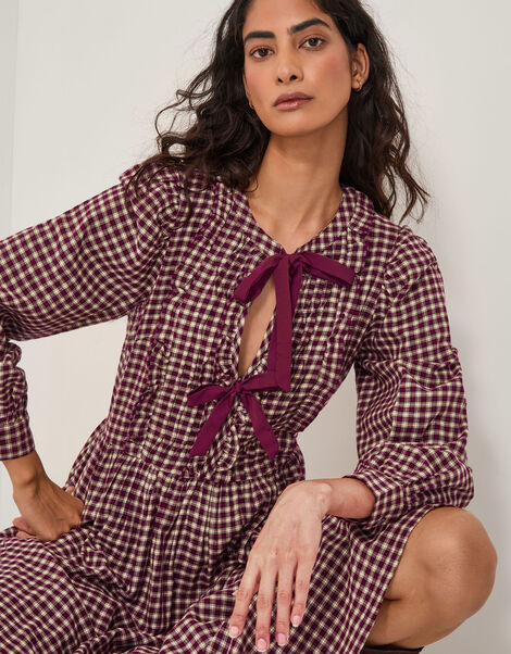 Agatha Tie Front Check Midi Dress, Red (CHERRY), large