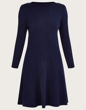 Button Detail Ribbed Fit and Flare Dress with Recycled Polyester, Blue (NAVY), large
