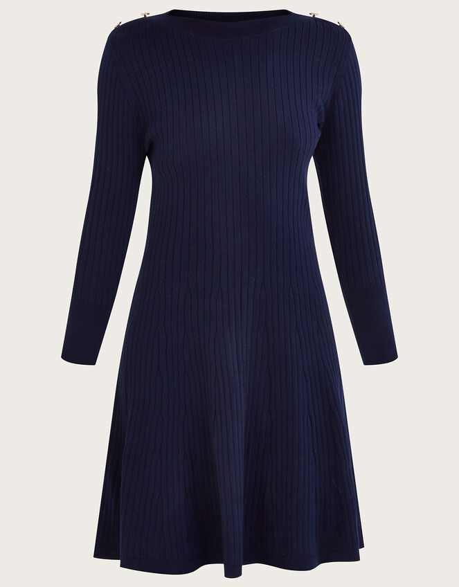 Button Detail Ribbed Fit and Flare Dress with Recycled Polyester, Blue (NAVY), large