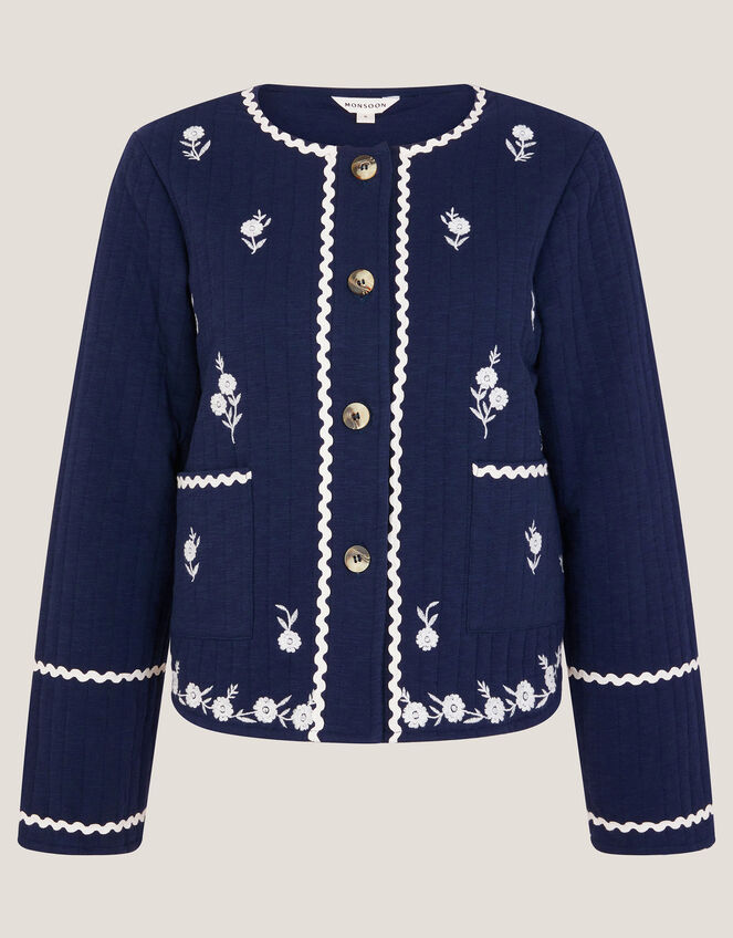 Evie Floral Embroidered Quilted Jacket, Blue (NAVY), large