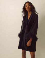 Sadie V-Neck Feather Sleeve Velvet Mini Dress, Black (BLACK), large