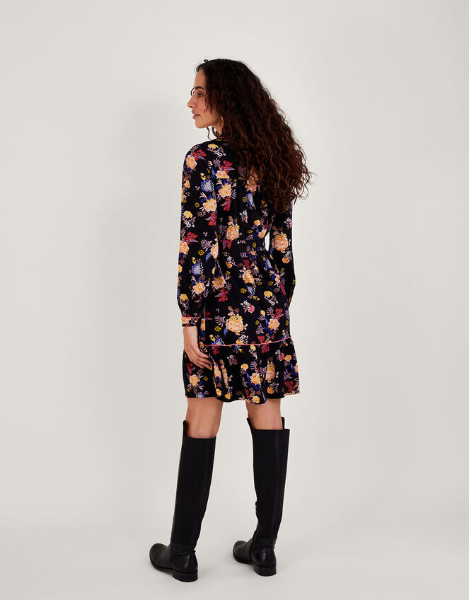 Floral Print Belted Jersey Dress, Black (BLACK), large