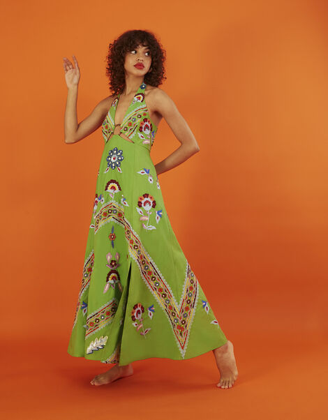 Shirley Ring Detail Embellished Maxi Dress, Green (GREEN), large