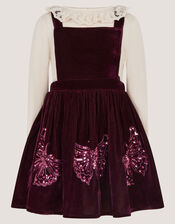 Long Sleeve Top & Velvet Pinafore Dress Set, Red (BURGUNDY), large