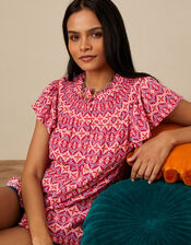 Geometric Print Short Sleeve Top, Red (RED), large