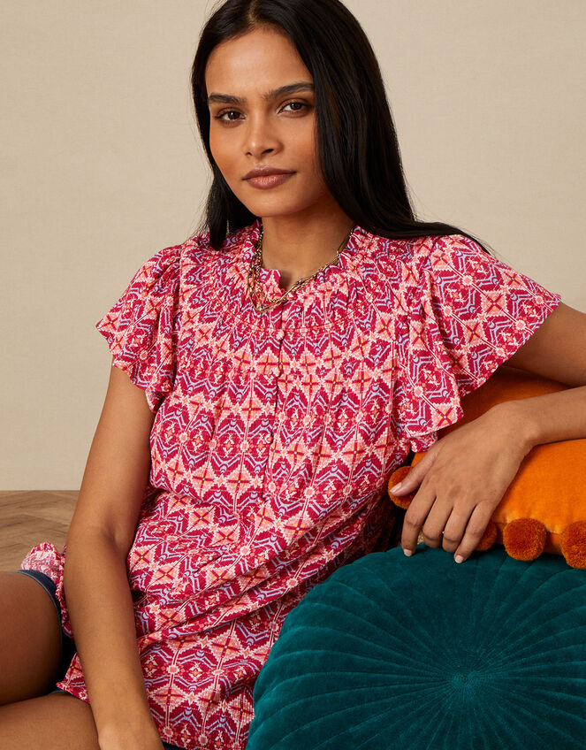 Geometric Print Short Sleeve Top, Red (RED), large