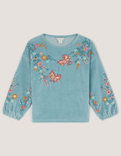 Floral Embroidered Velour Sweatshirt, Green (GREEN), large