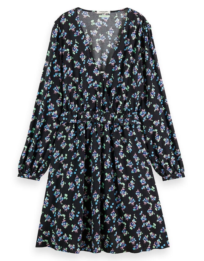 Scotch and Soda Elasticated Waist Floral Mini Dress, Black (BLACK), large