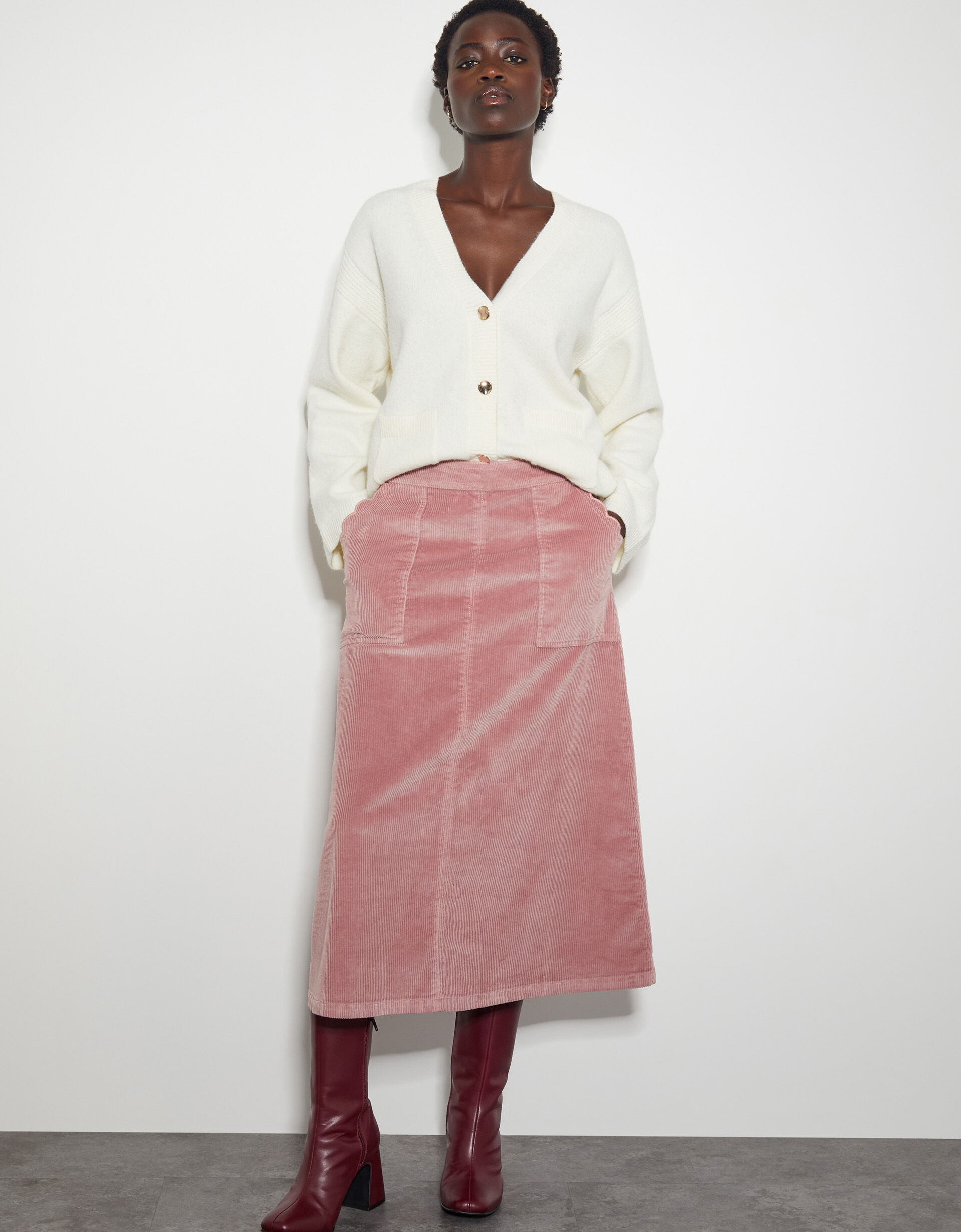 Malika Corduroy Midi Skirt Pink