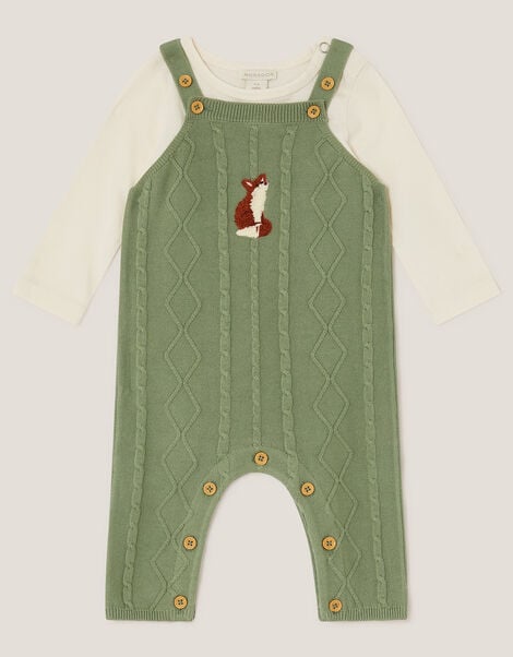 Newborn Fox Cable Knit Dungarees Set, Green (GREEN), large