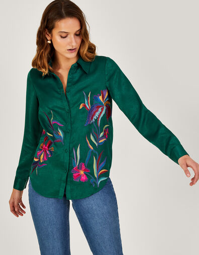 Constance Embroidered Satin Shirt in Recycled Polyester Green, Green (GREEN), large